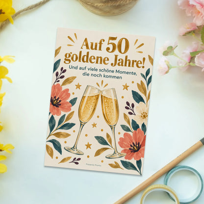 Elegante Postkarte zur Goldenen Hochzeit mit Champagnergläsern|p:2012560|h:a326d950c42080448f6c6987a6066f7a