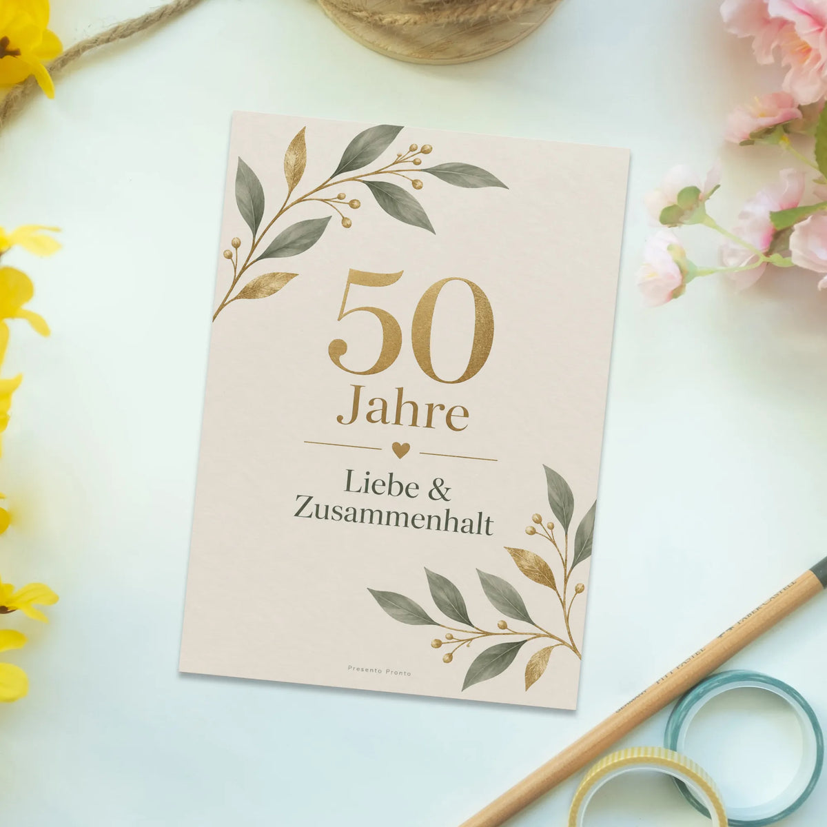 Elegante Postkarte zur Goldenen Hochzeit mit botanischen Zweigen|p:2012561|h:9fd1a46c94ac8e6906491a3c757c228f