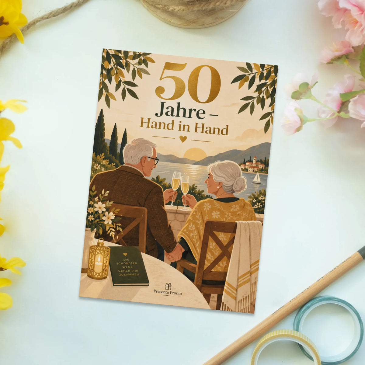 Herzliche Postkarte zur Goldenen Hochzeit mit Sektgläsern|p:2012563|h:6905966a636b67d84ee7859b44714bb3