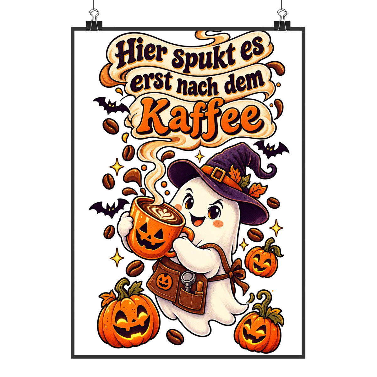 Lustiges Halloween Poster mit Geist für Kaffeeliebhaber|p:2012577|h:640c3e032efdd8c530cfa416f89e3552