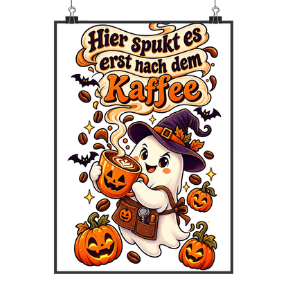 Lustiges Halloween Poster mit Geist für Kaffeeliebhaber|p:2012577|h:640c3e032efdd8c530cfa416f89e3552
