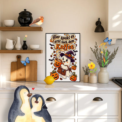 Lustiges Halloween Poster mit Geist für Kaffeeliebhaber|p:2012577|h:61b290bbf340af14bbbfbd006e6e7849