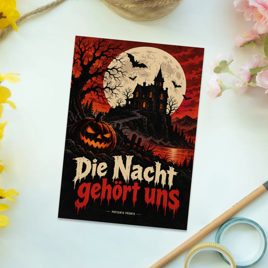 Gruselige Halloween Postkarte mit Spukhaus bei Vollmond|p:2012582|h:fd7f819042d5e64220f43fc7ca162883