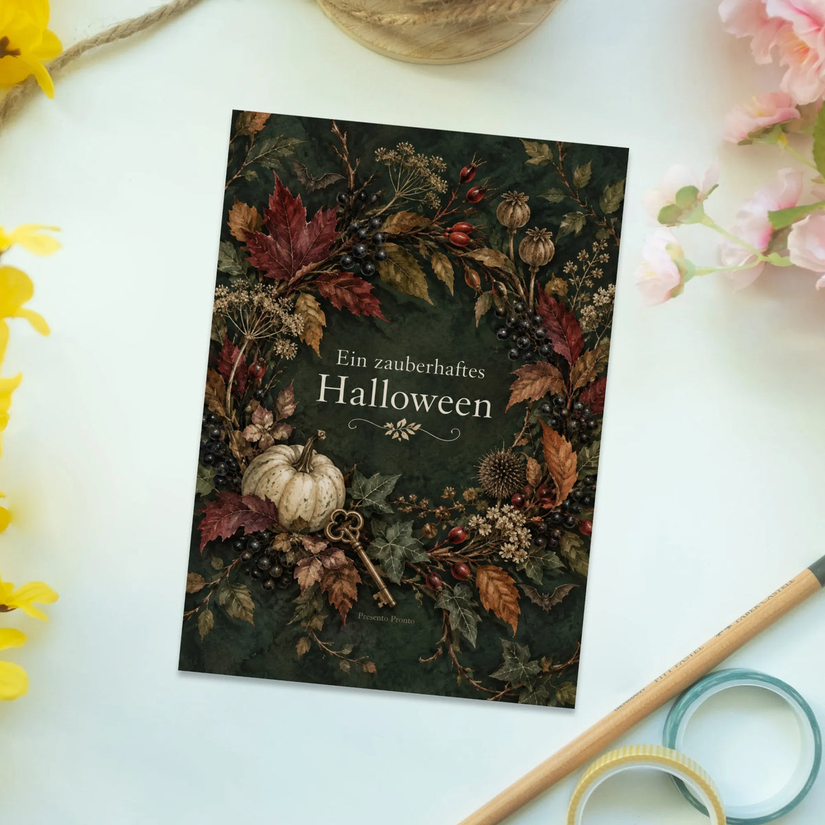Zauberhafte Halloween Postkarte mit Herbstkranz|p:2012584|h:e24c9105dbf89d25b70757eb7cab3a27
