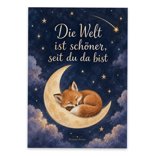 Liebevolle Postkarte zur Geburt mit schlafendem Fuchs|p:2012587|h:26b46298bbded80fa8ab0d15465893eb