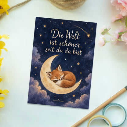 Liebevolle Postkarte zur Geburt mit schlafendem Fuchs|p:2012587|h:375d5ade9670ac52081f0b41b434abf4
