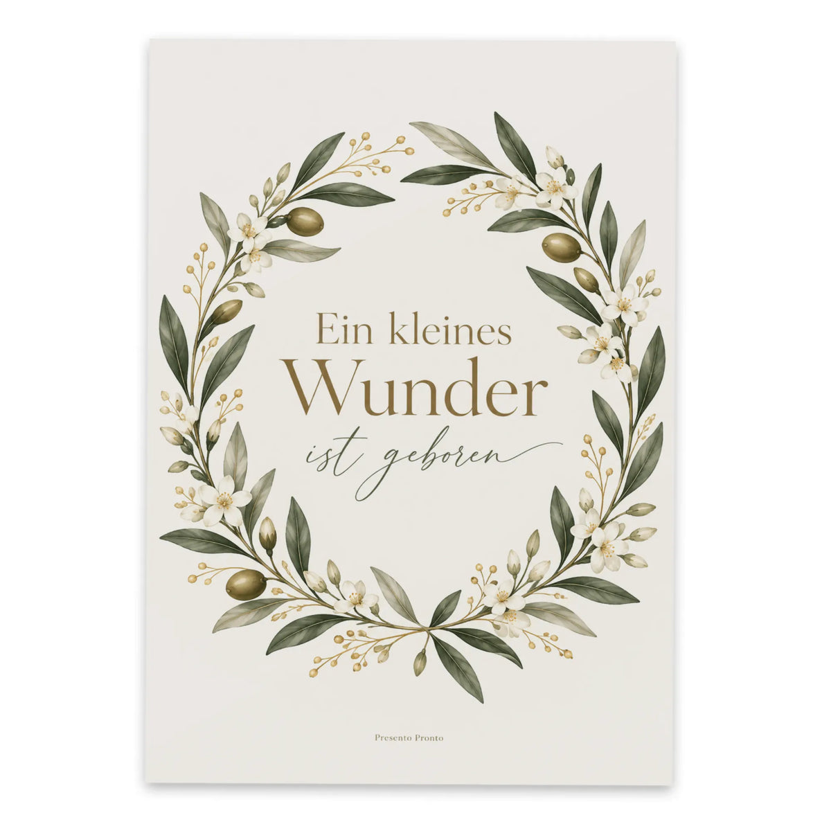 Zarte Karte zur Geburt mit goldenem Blumenkranz|p:2012588|h:8ee563f28d234ab6791f33a3e73b91b5