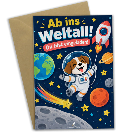 Lustige Einladungskarten zum Kindergeburtstag Astronautenhund im Weltall|p:2012618|h:0f12db7229a4b8847cf1a5a20db949f8