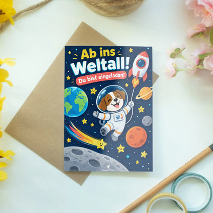 Lustige Einladungskarten zum Kindergeburtstag Astronautenhund im Weltall|p:2012618|h:d3a28234d4a09f7f859d2ac9d25d781d