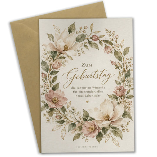 Elegante Geburtstagskarte für Frauen mit Blumenkranz|p:2012637|h:61e9ef7e69b6616b18f1be1b01b78162