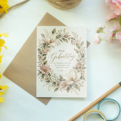Elegante Geburtstagskarte für Frauen mit Blumenkranz|p:2012637|h:161323bde9d6ae183965a9ffec60f897