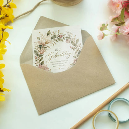 Elegante Geburtstagskarte für Frauen mit Blumenkranz|p:2012637|h:0b4be0f637158b049baa17f411f6f51a