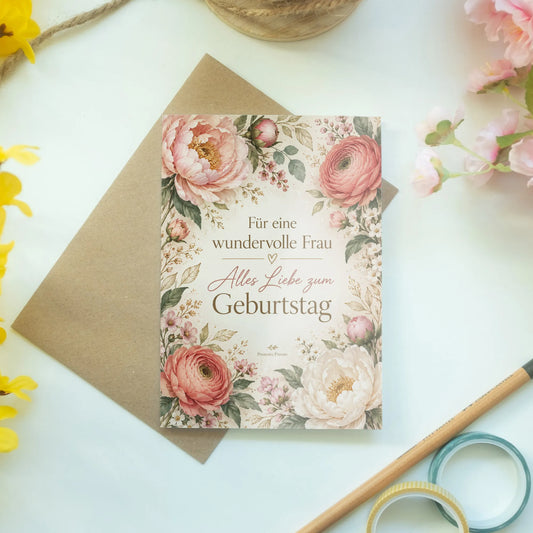 Elegante Geburtstagskarte für Frau mit Blumen|p:2012638|h:f6fa9c9124b831f3dd46d8a7a638d442
