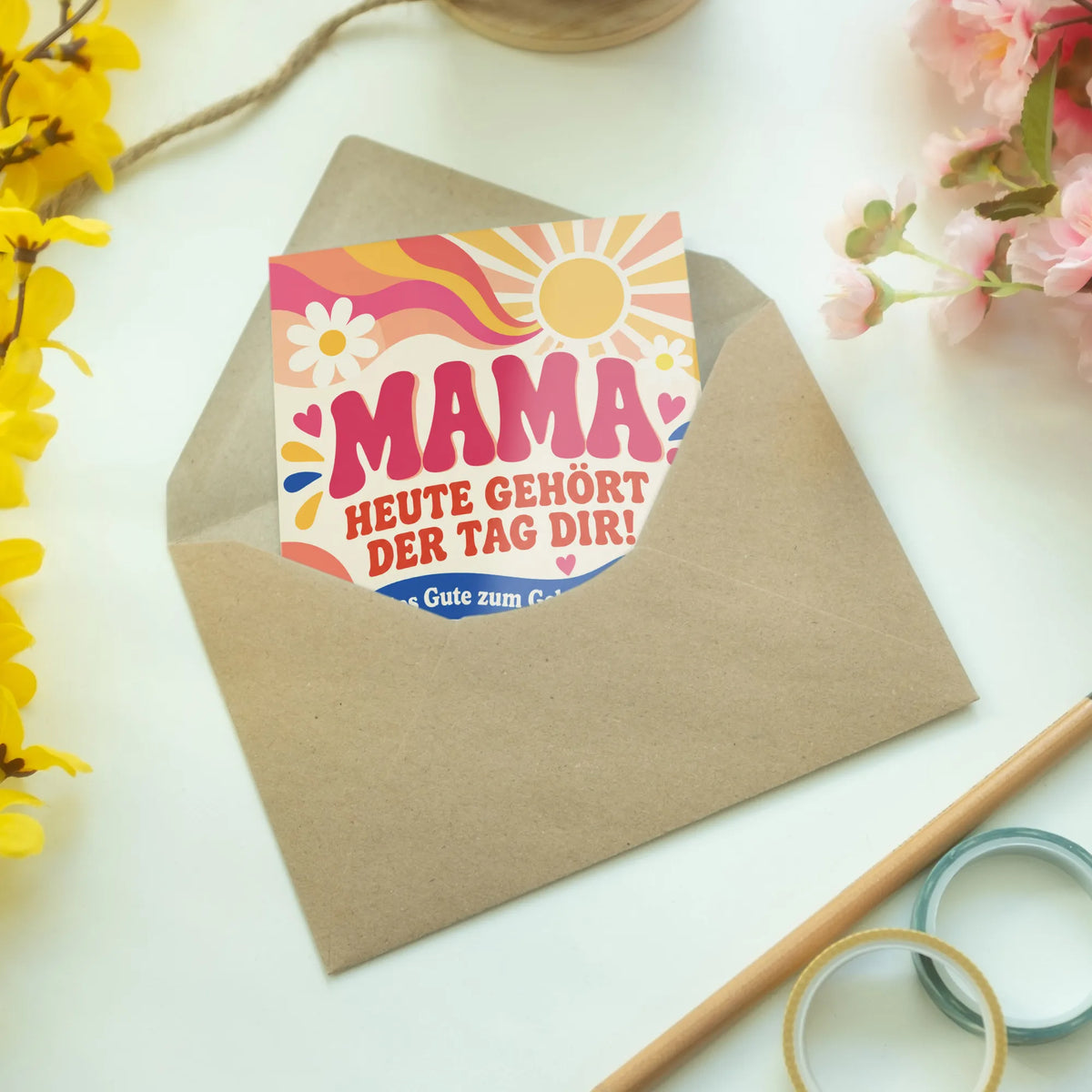 Fröhliche Geburtstagskarte für Mama mit Gänseblümchen und Sonne|p:2012661|h:fd98e9407042fea103b56462336ce2ac