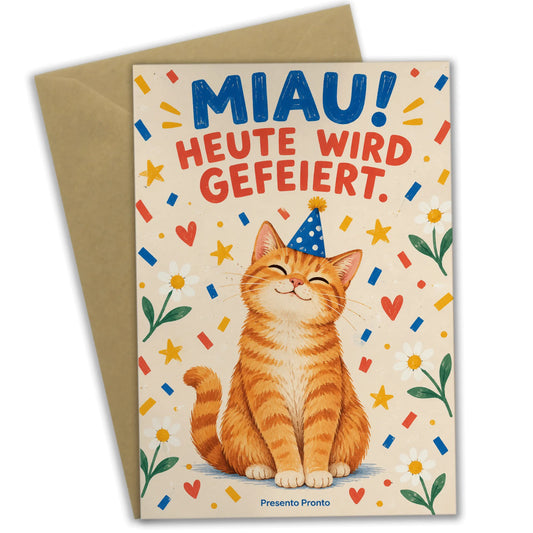 Lustige Geburtstagskarte Katze im Partyhut|p:2012672|h:42c6373e10d4dc7f8534769e34ad156d