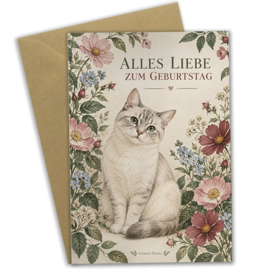 Süße Geburtstagskarte für Katzenfans mit Blumenrahmen|p:2012673|h:9dcbebeca04eb6595c9a5160845f97ce