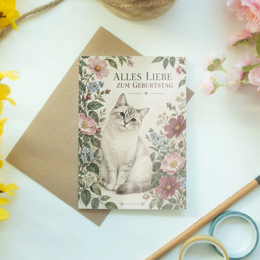 Süße Geburtstagskarte für Katzenfans mit Blumenrahmen|p:2012673|h:22e9b5243e3284ca21d703c6cd212886