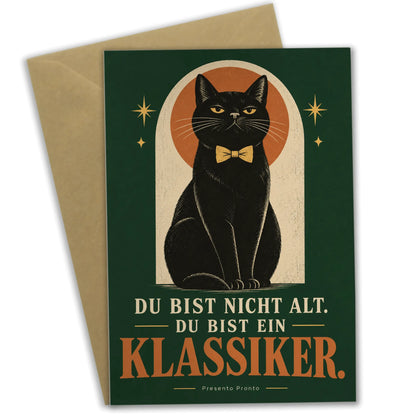 Lustige Geburtstagskarte mit Katze und goldener Fliege|p:2012674|h:917effd99a6f3311245f979cd3c645a4