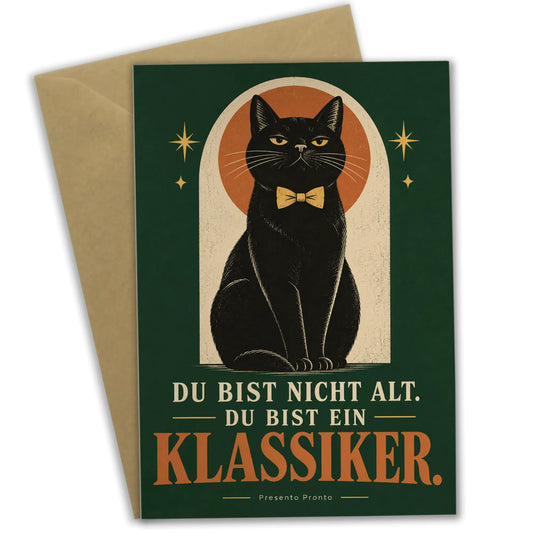 Lustige Geburtstagskarte mit Katze und goldener Fliege|p:2012674|h:917effd99a6f3311245f979cd3c645a4