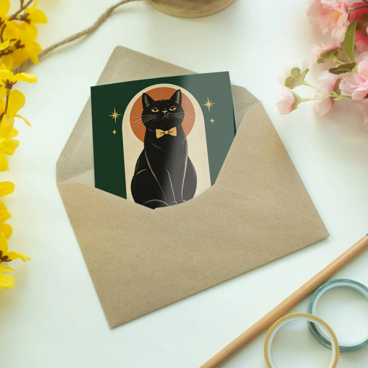 Lustige Geburtstagskarte mit Katze und goldener Fliege|p:2012674|h:ddf1ff34862ae45f72c90539267f8d46