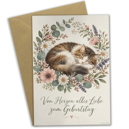 Herzliche Geburtstagskarte mit Katze im Blumenkranz|p:2012676|h:f3a459e909596ba2d4962690f5e91203