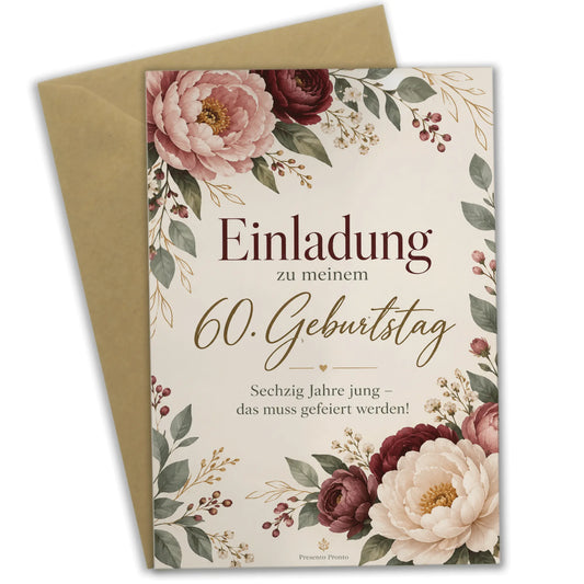 Elegante Einladungskarten zum 60. Geburtstag für Frauen mit Pfingstrosen|p:2012678|h:adbf6915d0d50f3a876c458e00be514f