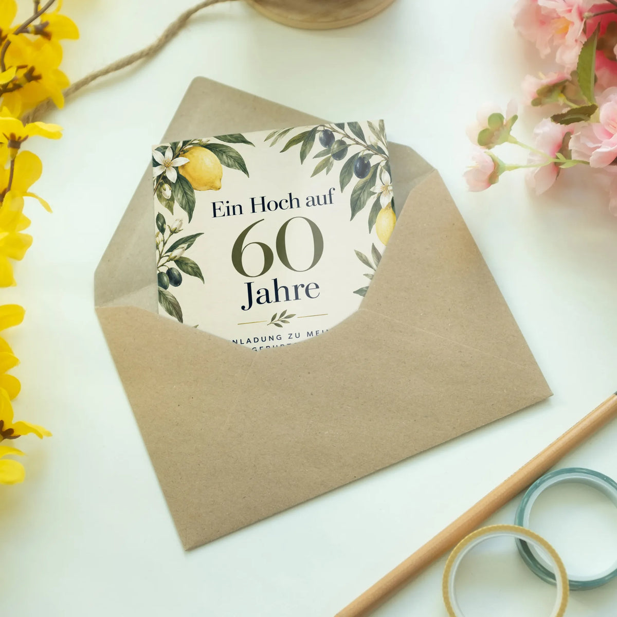 Elegante Einladungskarten zum 60. Geburtstag für Frauen mit Zitronen|p:2012681|h:c62b20ebb2cd751c195fadeb444fdb7f