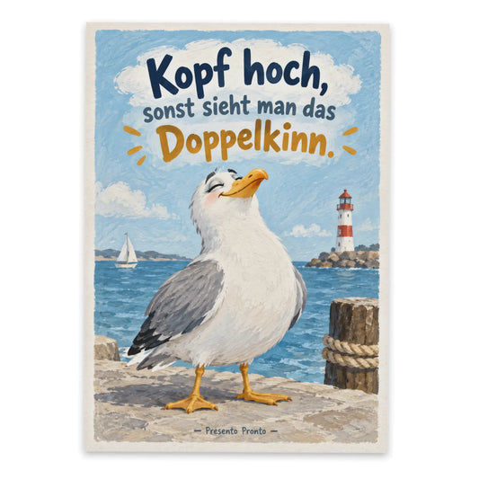 Lustige Geburtstagspostkarte mit selbstbewusster Möwe|p:2012684|h:0ebc09c06ccaaddd84ecc6815109377e