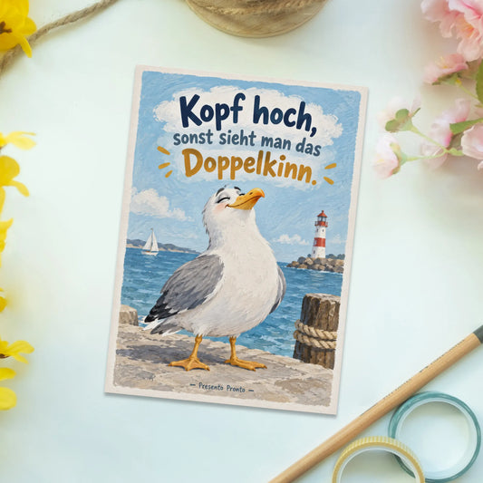 Lustige Geburtstagspostkarte mit selbstbewusster Möwe|p:2012684|h:8acc3df6d90642b496f2f6700aed3380