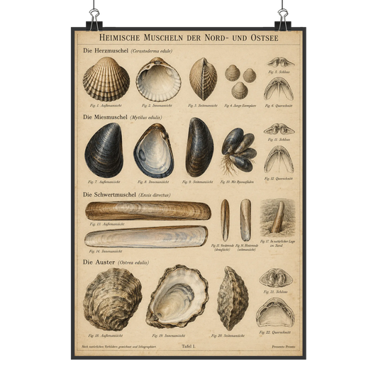 Nostalgisches Poster für Strandfans heimische Muscheln Informationstafel|p:2012726|h:6a26c3a7ad8af050f53af27b90976ef1