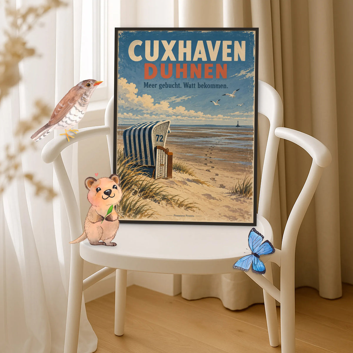 Lustiges Cuxhaven-Duhnen Poster mit leerem Strandkorb|p:2012851|h:383e12dd62ed13b71118f2d8cd494324