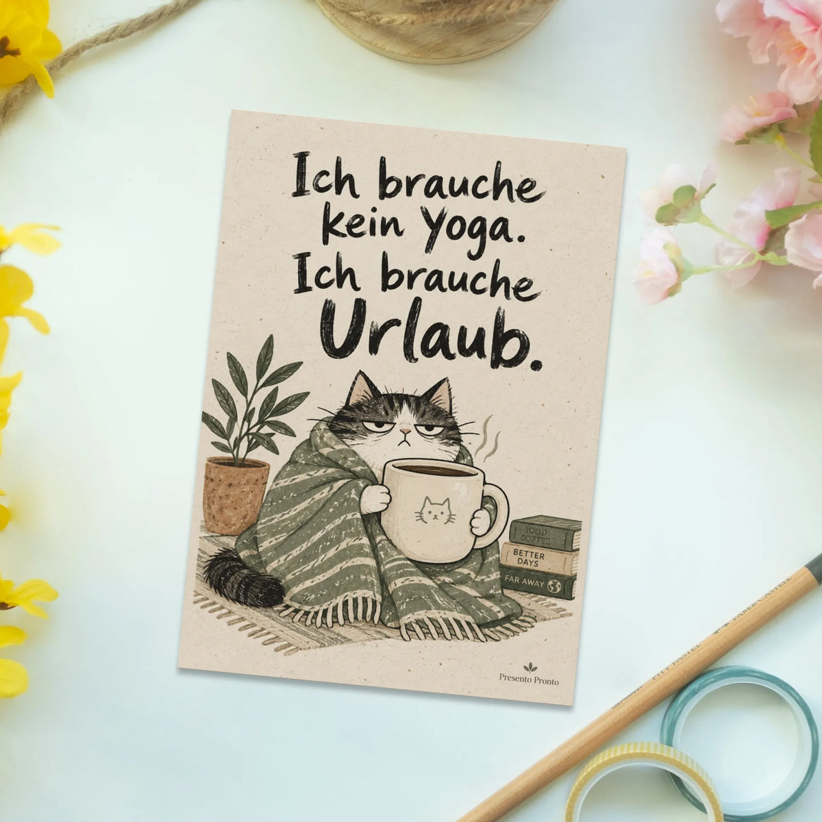 Lustige Urlaubspostkarte mit Katze und Kaffee|p:2012962|h:ba7fcb5d603e1f190a33edc74ce65ac3