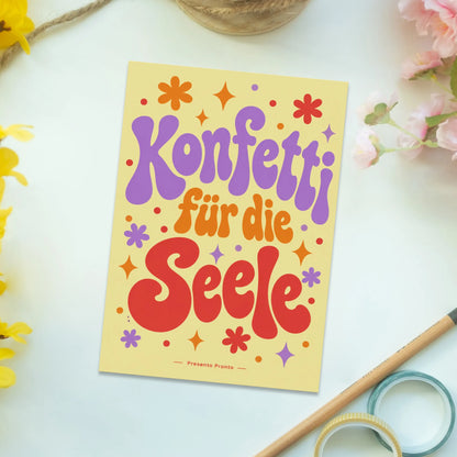 Fröhliche Aufmunterungspostkarte mit buntem Retro-Konfetti|p:2012965|h:57560f2fd08810c280527e7eef8a2594