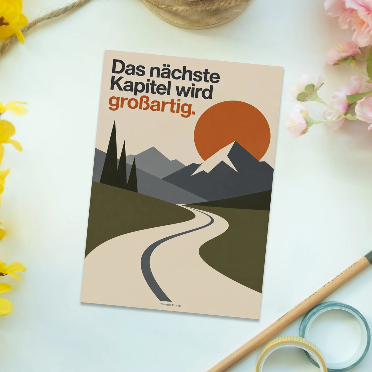 Motivierende Postkarte zum Neuanfang mit Sonne über Bergen|p:2012966|h:7361e0398eb57a0cbf9ad86c711f633b