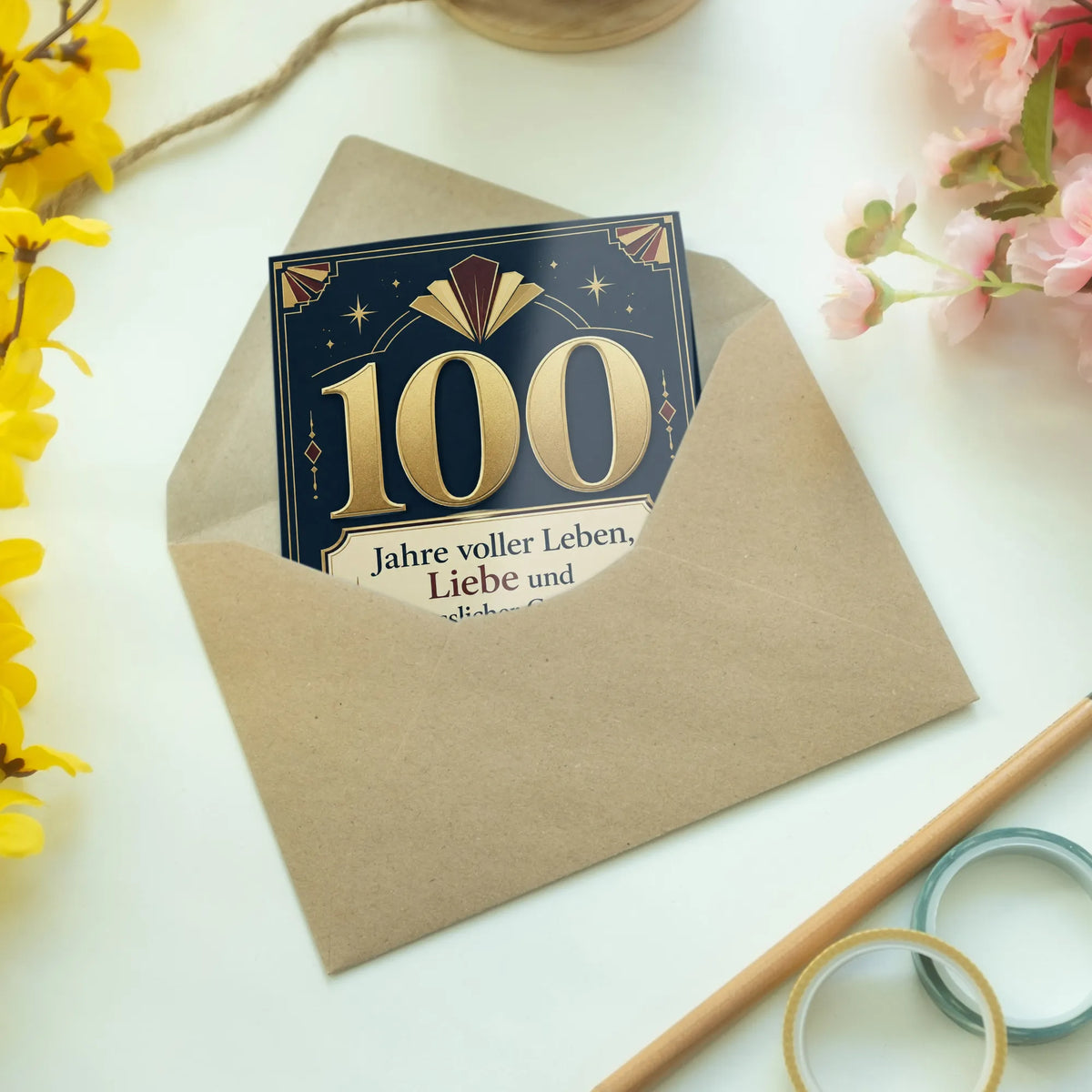 Elegante Glückwunschkarte zum 100. Geburtstag mit goldenem 100-Schriftzug|p:2012991|h:a5d781f3e2904db8d4e288163712da6e