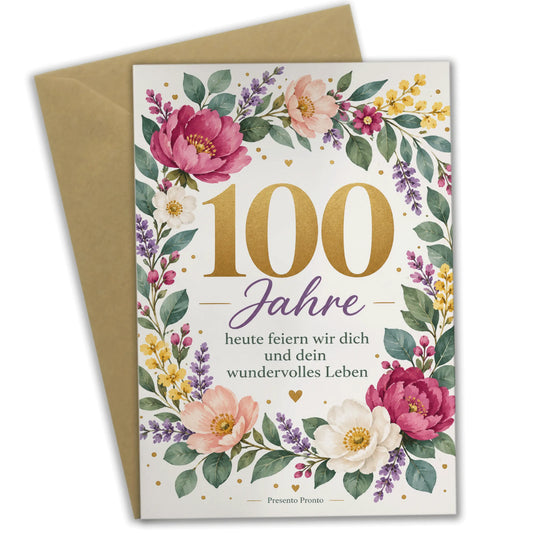 Festliche Glückwunschkarte zum 100. Geburtstag mit Blumenkranz|p:2012995|h:40519ae4e640ab0d1c9da7535dae8f04