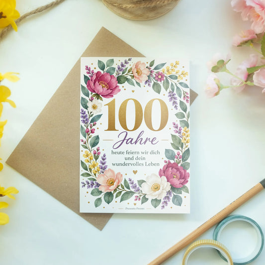 Festliche Glückwunschkarte zum 100. Geburtstag mit Blumenkranz|p:2012995|h:a2ae3200120bd239db05c08a44b4e73f
