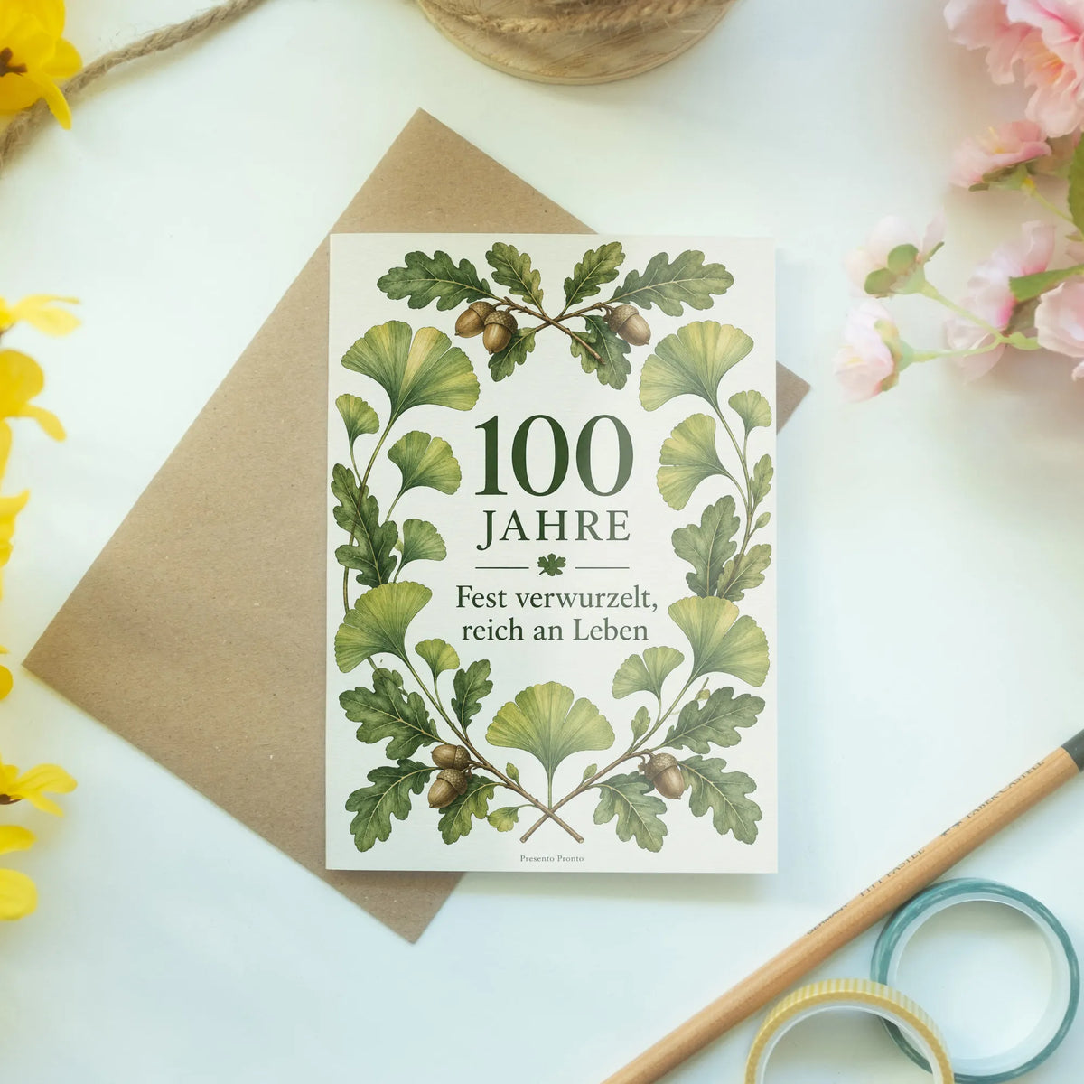 Elegante Glückwunschkarte zum 100. Geburtstag mit Ginkgo|p:2012998|h:cf7de0674c27569d6e6325c5291d67f6