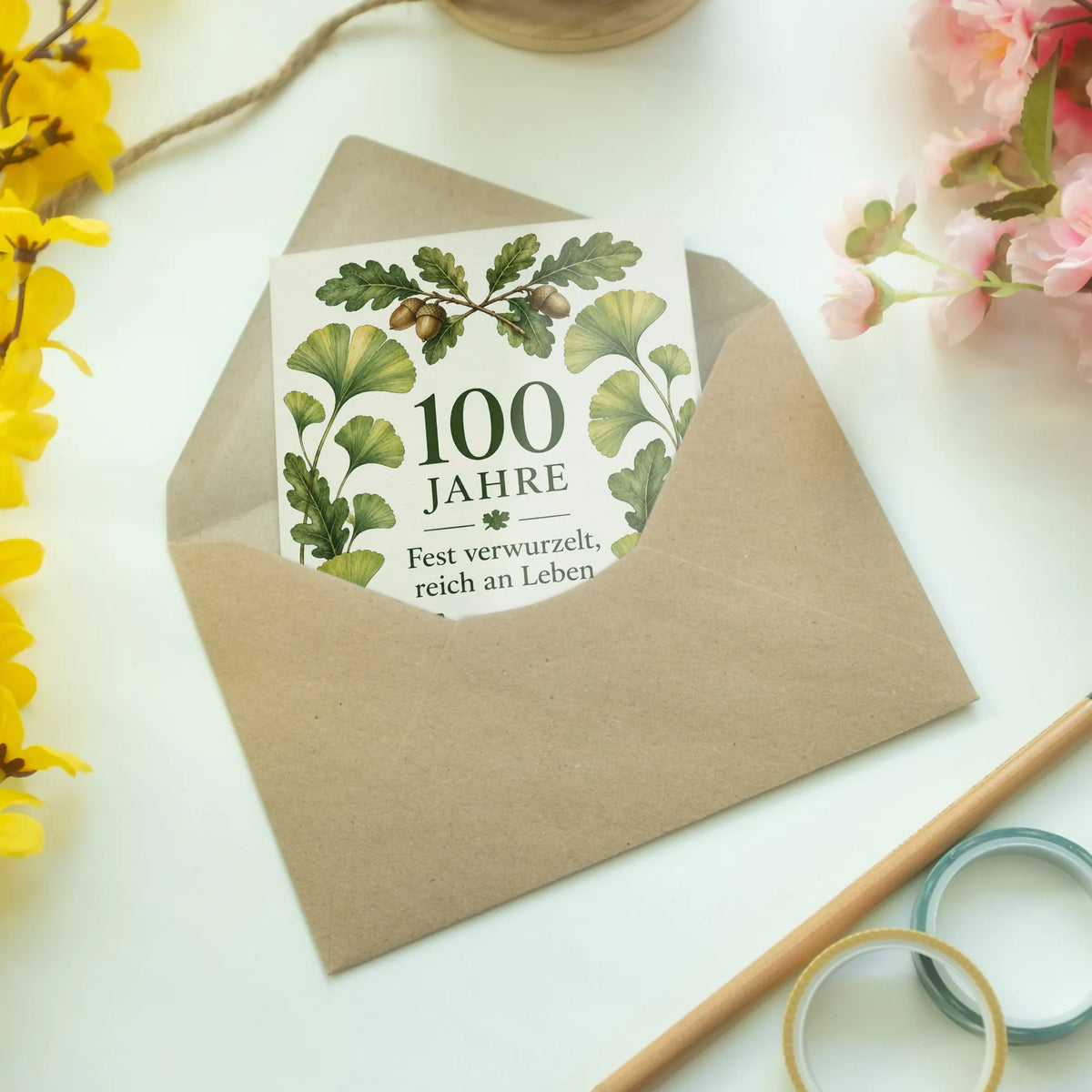 Elegante Glückwunschkarte zum 100. Geburtstag mit Ginkgo|p:2012998|h:f68de5c4404fa64752caf4a44eab8d29