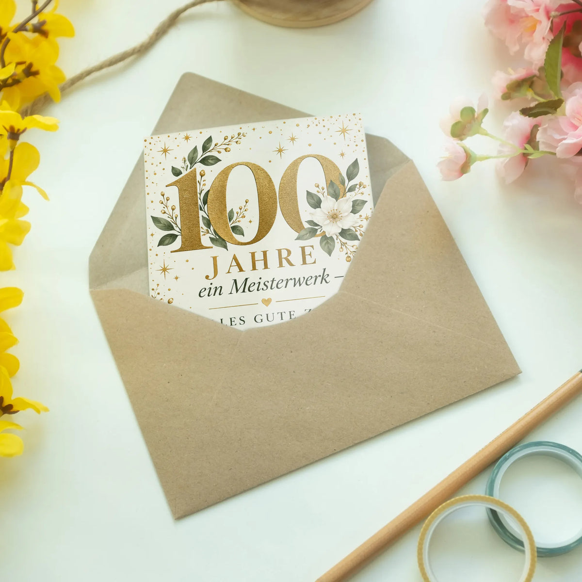 Festliche Glückwunschkarte zum 100. Geburtstag mit goldenem Konfetti|p:2012999|h:0356b496dfe5c3b4280d624f8f48e064