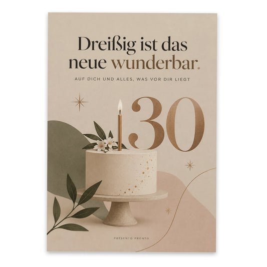 Elegante Geburtstagskarte zum 30. Geburtstag mit Kuchen und Kerze|p:2013000|h:56c6936c85647bfb158179ee85350608