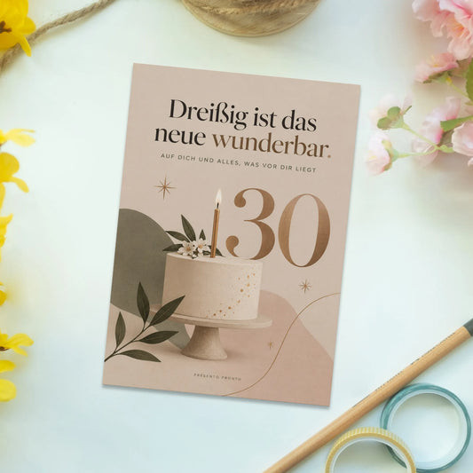 Elegante Geburtstagskarte zum 30. Geburtstag mit Kuchen und Kerze|p:2013000|h:788952efe12b1b2931477c7c2b8e9a4f