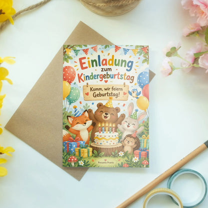 Fröhliche Einladungskarten zum Kindergeburtstag mit Waldtieren|p:2013002|h:b41ab3c79215496342002a78c4cf9cb2