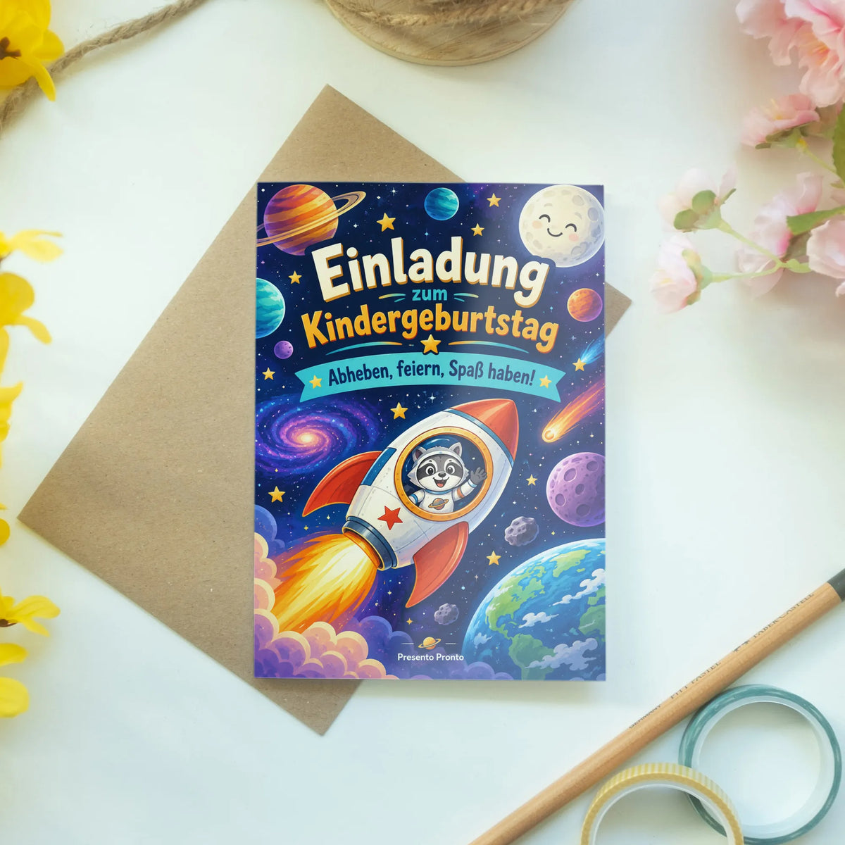 Lustige Einladungskarten zum Kindergeburtstag mit freundlicher Rakete|p:2013003|h:c87ab0afcf1a9a74a3ccc2156bd6c258