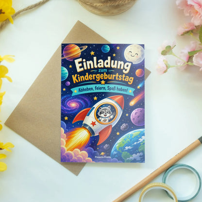 Lustige Einladungskarten zum Kindergeburtstag mit freundlicher Rakete|p:2013003|h:c87ab0afcf1a9a74a3ccc2156bd6c258