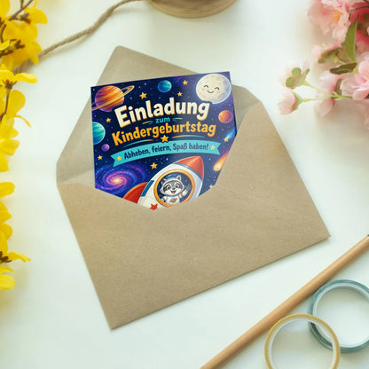 Lustige Einladungskarten zum Kindergeburtstag mit freundlicher Rakete|p:2013003|h:7743e7b2f5043b9d976a4f548d551d8f