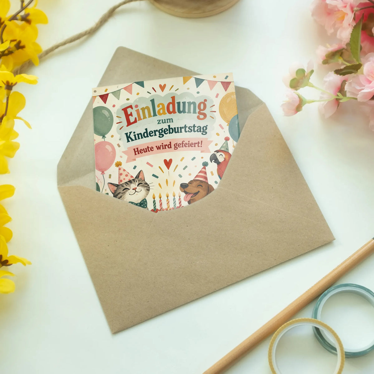 Fröhliche Einladungskarten zum Kindergeburtstag mit Tieren|p:2013004|h:5dc256e3d5c048185359faa520472d2f