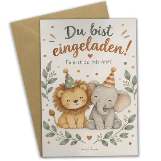 Süße Einladungskarten zum Kindergeburtstag mit Baby-Löwe und Elefant|p:2013005|h:ebabb94f95eebac16ce4c099f32a8aa5
