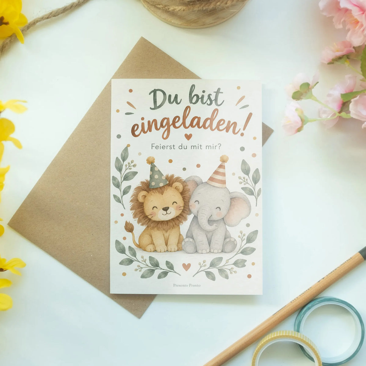Süße Einladungskarten zum Kindergeburtstag mit Baby-Löwe und Elefant|p:2013005|h:ad0286648007f5918a6ee265cf48e626