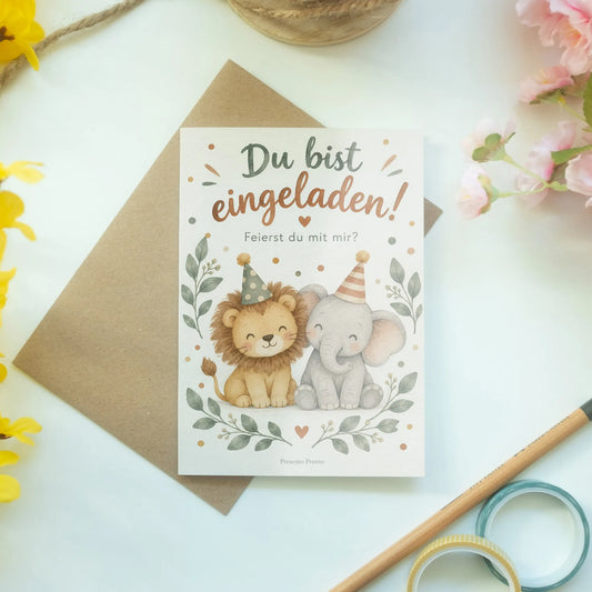 Süße Einladungskarten zum Kindergeburtstag mit Baby-Löwe und Elefant|p:2013005|h:ad0286648007f5918a6ee265cf48e626